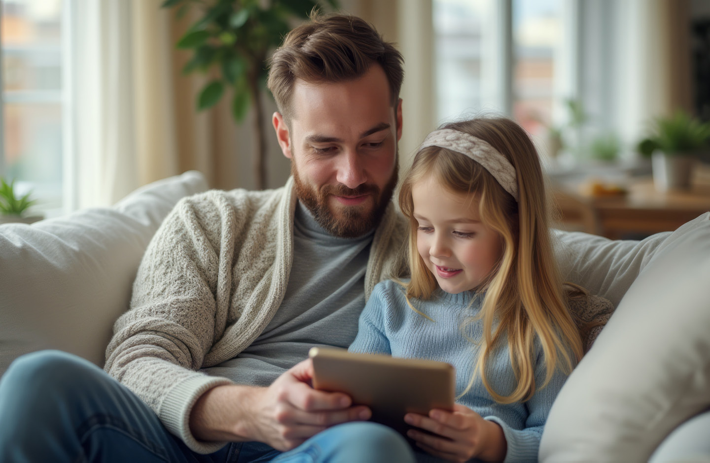 Ein Mann und ein Mädchen sitzen auf einer Couch und blicken gemeinsam auf ein Tablet.